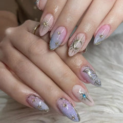 Ingvn  24Pcs Fashion Almond Head Fake Nails Press on Glitter Gradient Green Nail Art with Star Moon Design Reusable Oval False Nails