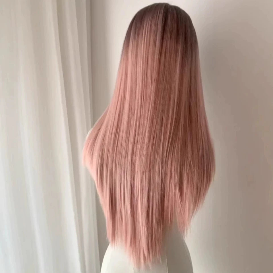 Ingvn  ﻿Long Wavy Ombre Pink Lolita Wig Synthetic Natural Cosplay Small Area Lace Wig Halloween Party Costume Wig for Women Daily Wear