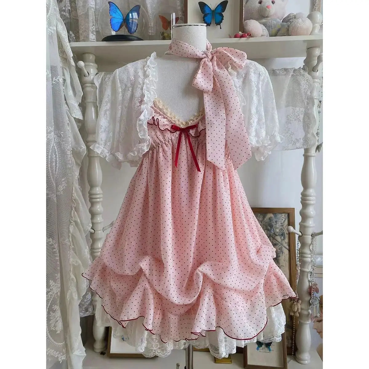 Ingvn  Summer New Harajuku Sweet 2 Piece Set Y2k Dot Strap Mini Dress Tops Lace Cardigan Vintage Style Set Woman Chic