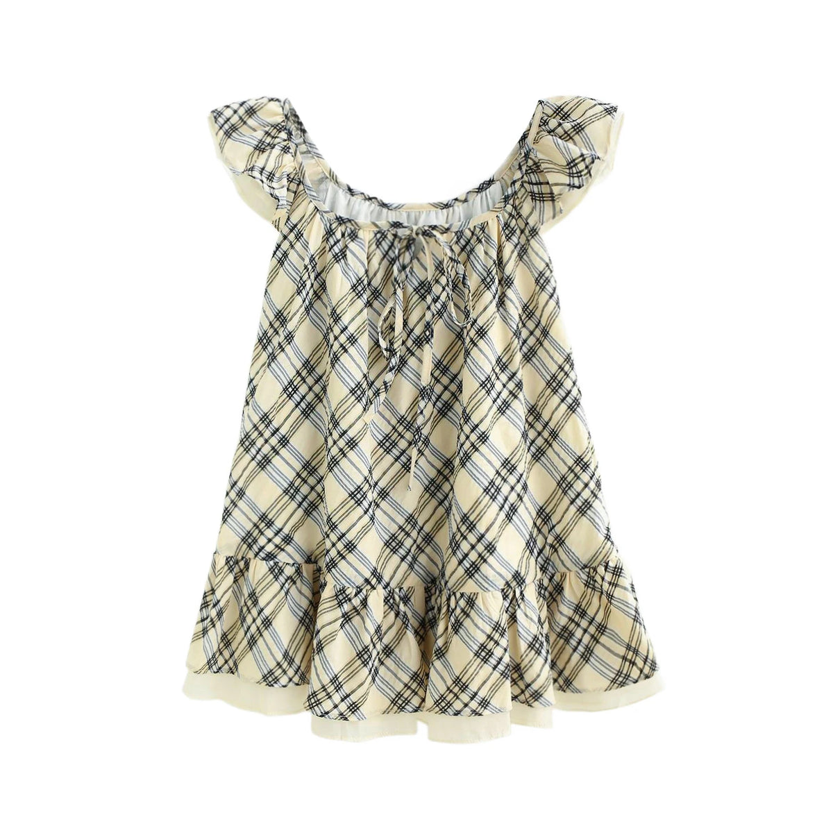 Ingvn  Summer New Style Holiday Checkered Double Layer Ruffle Sleeve Vest Top Rope Tie mid Length Women's Shirt Korean Style High Waist