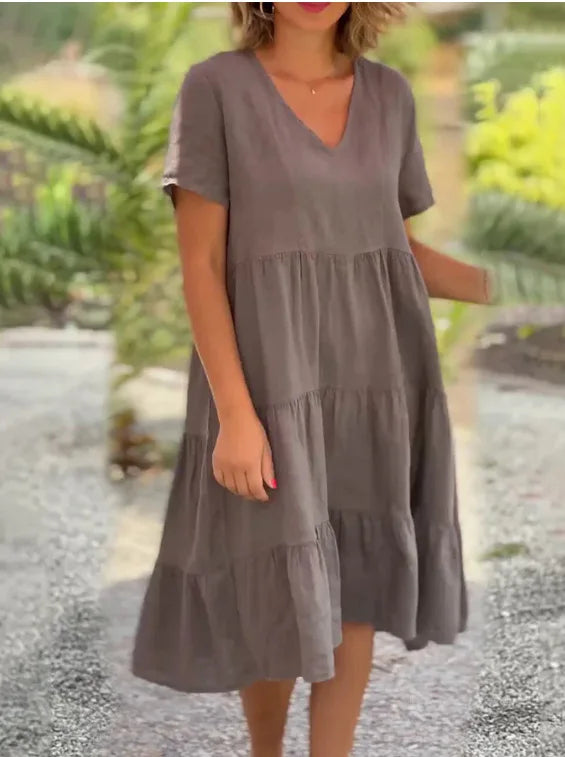Ingvn  New European and American Summer Women's Clothing Fresh and Sweet V-neck Solid Color Large Sway Casual Skirt Dress