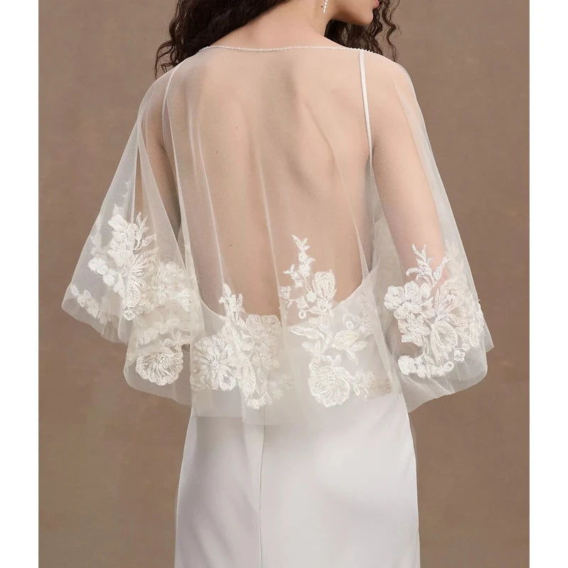 Ingvn  Womens Y2k Flower Embroidery See-through Boat Neck Ruffle Poncho Top Cropped Blouse Boho Cover Ups Shawl Wraps Capes