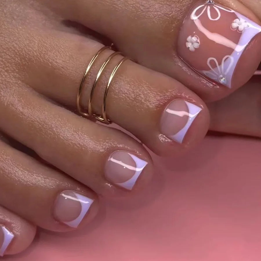 Ingvn  24Pcs False Toe Nails with Jelly Glue Glitter Pink French Fake Nails Simple Wearable Finished Press on Nails Full Cover Nail Tip
