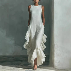 Ingvn  Solid Color Sleeveless Long Dress Women Fashion O Neck Loose Maxi Dress Summer Ruffle Trim Tank Boho Beach Dress Sundress