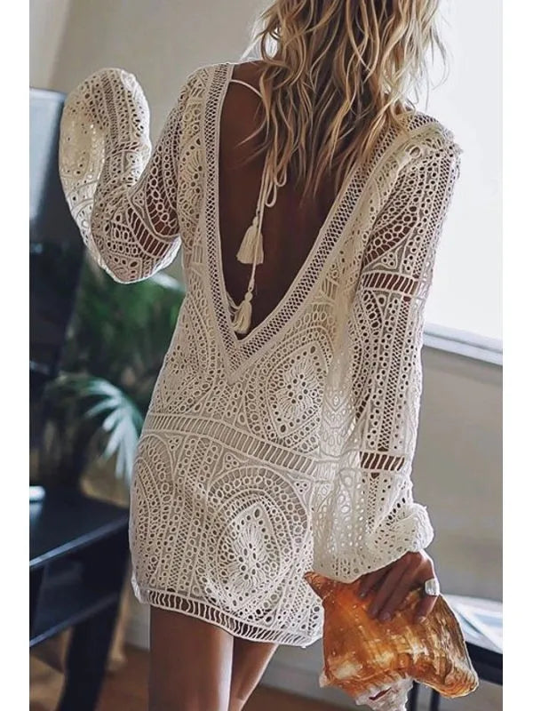 Ingvn  Summer Women's Clothing Sheer Lace V Neck Long Sleeve Beach Cover Up Dress For Woman Polyester Boho Tunic With Puff Sleeves