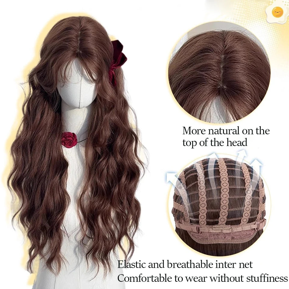 Ingvn  Long Wavy Brown Middle Part Wig Synthetic Lolita Wig Natural Cosplay Party Wig Daily Wear Halloween Costume Y2K Orange Wig