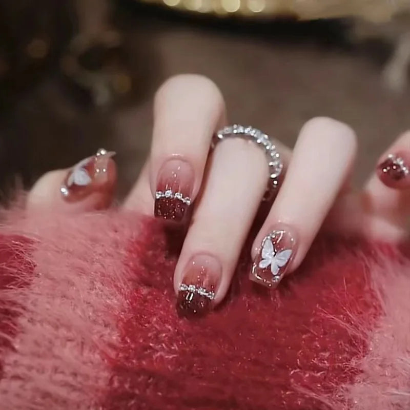 Ingvn  24Pcs Pink Ballet Fake Nails Full Cover Nail Tips Long Ballet False Nails with Rhinestone Chain Design Wearable Press on Nails