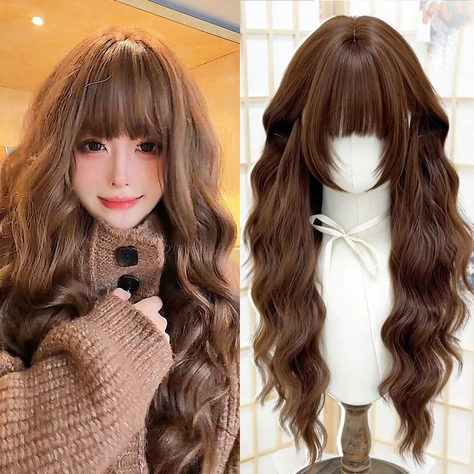 Ingvn  Long Black Highlight Pink Wig Synthetic Wavy Curly Lolita Wig Natural Cosplay Party Wig Daily Wear Halloween Costume Wig
