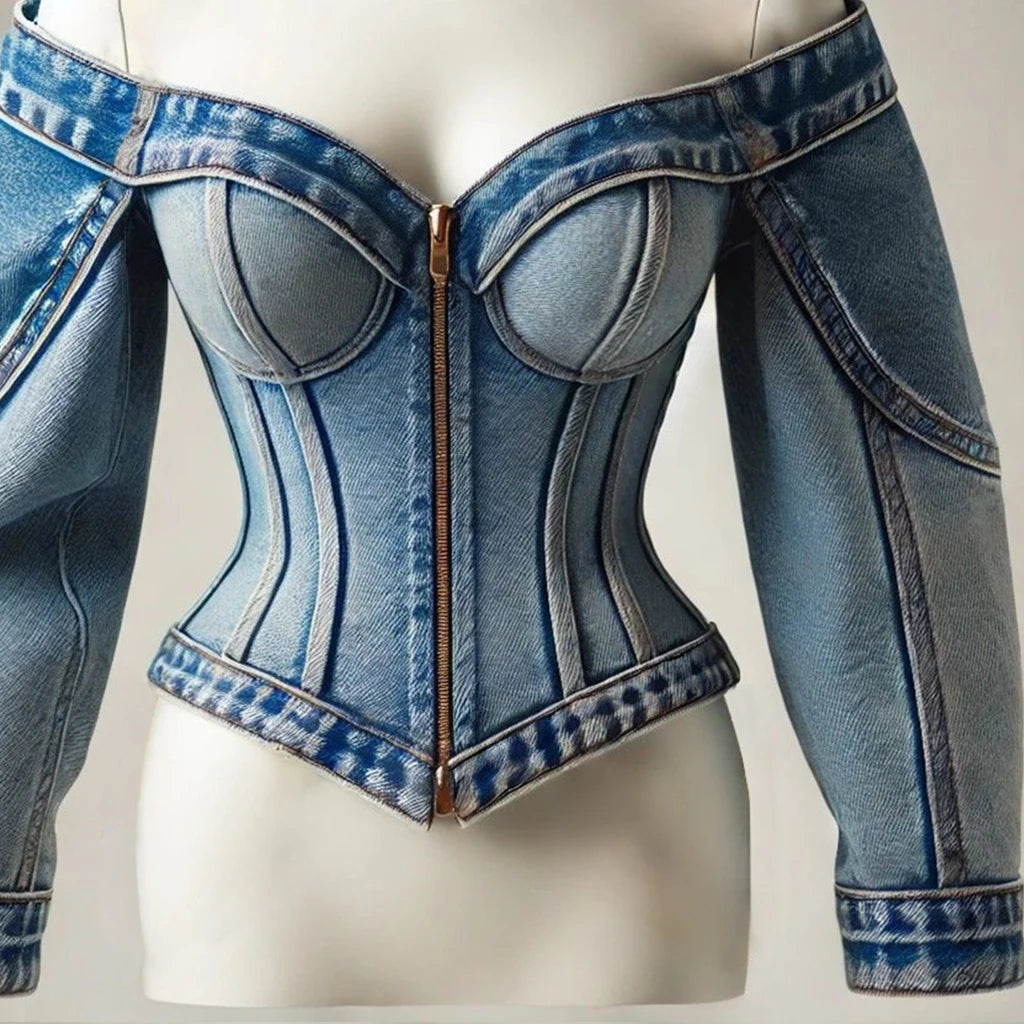 Ingvn  Y2k Denim Top Women Elegant Off The Shoulder Zip Up Cardigan Short Slim Fit Long Sleeve Shirt Female Blouse Jacket