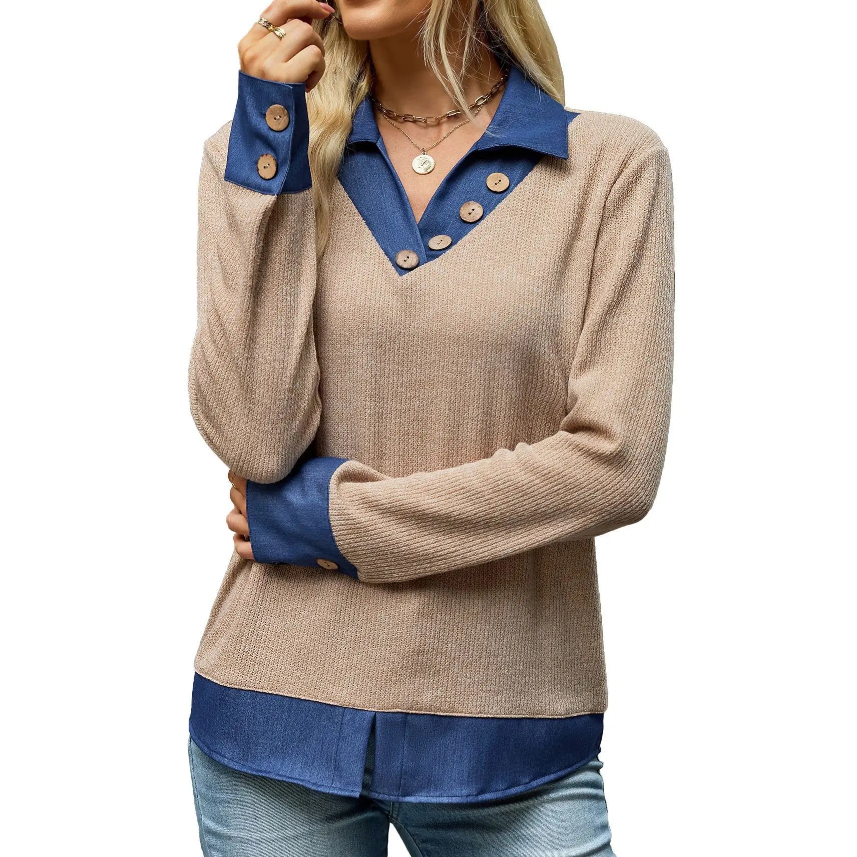 Ingvn  Autumn Women's Collared 2 In 1Pullover  Long Sleeve Button Top |buttoned Cuffs Shirttail Hem Color Collar Top Casual Pullove