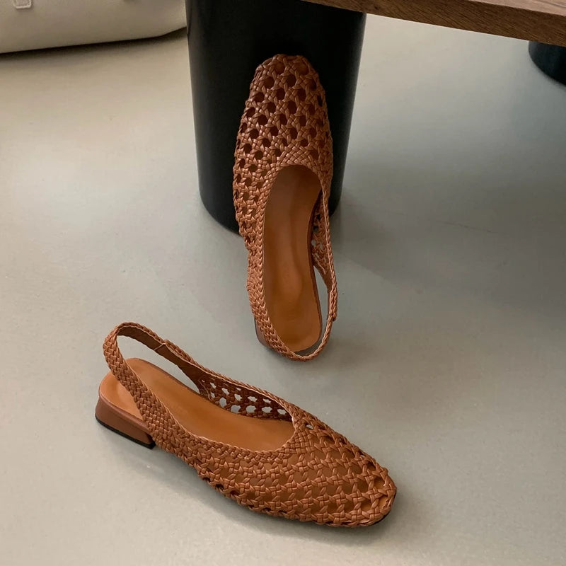 Ingvn  New Women Hollow Out Woven Mary Jane Low Heels Breathable Mesh Slip on Casual Summer Beach Women Shoes