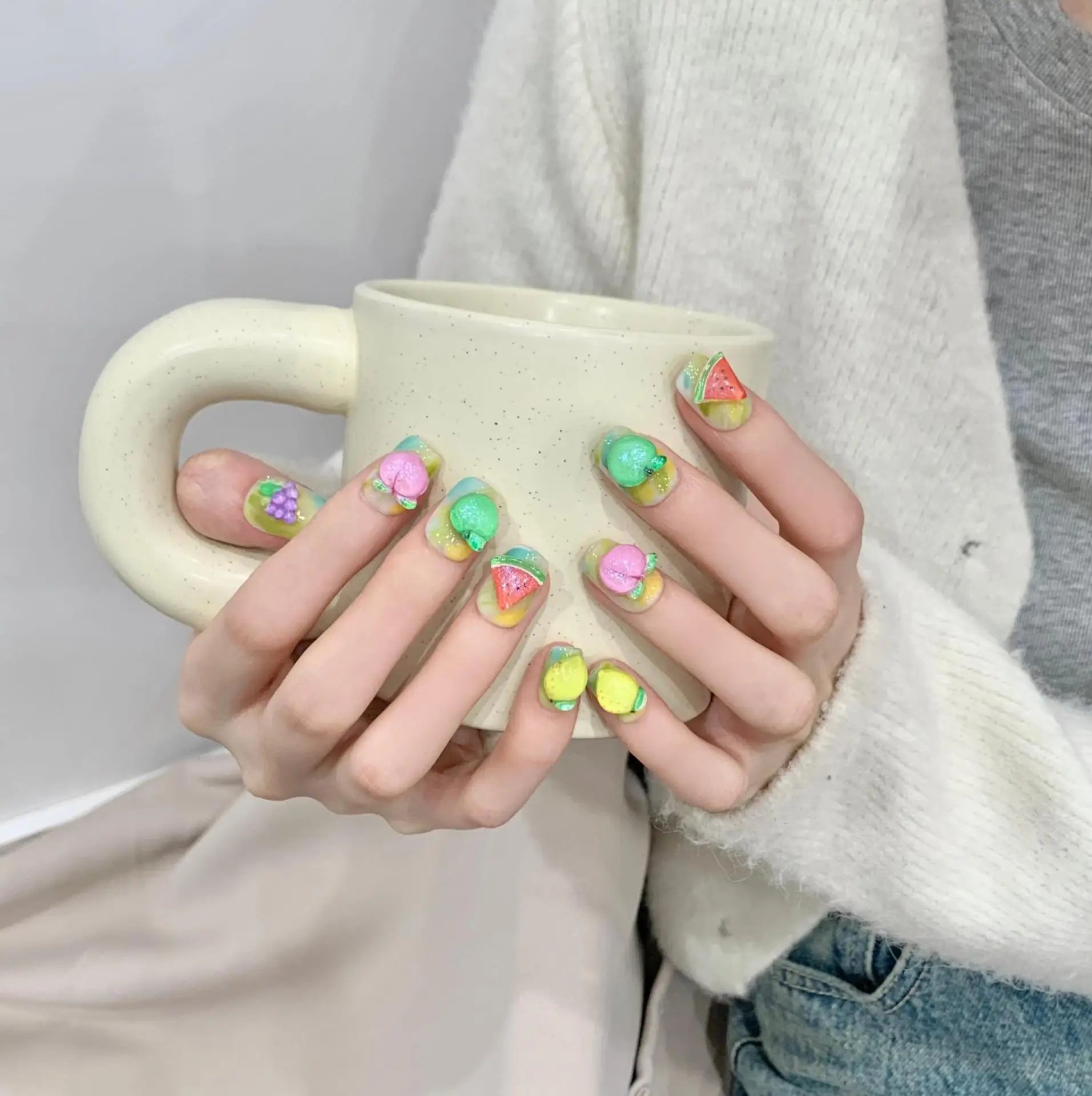 10PCS Summer 3D Fruit Grape False Nails Cute Short Square Cartoon Decor Handmade Gradient Y2K Fake Nails Set Press On Ballet Tip