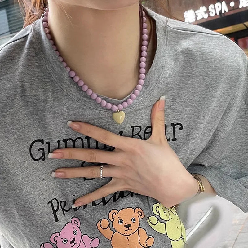 Ingvn  New Color Beaded Chain Resin Heart Pendant Necklace For Women Girls Trendy Clavicle Chain Delicate Jewelry Gift