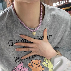 Ingvn  New Color Beaded Chain Resin Heart Pendant Necklace For Women Girls Trendy Clavicle Chain Delicate Jewelry Gift