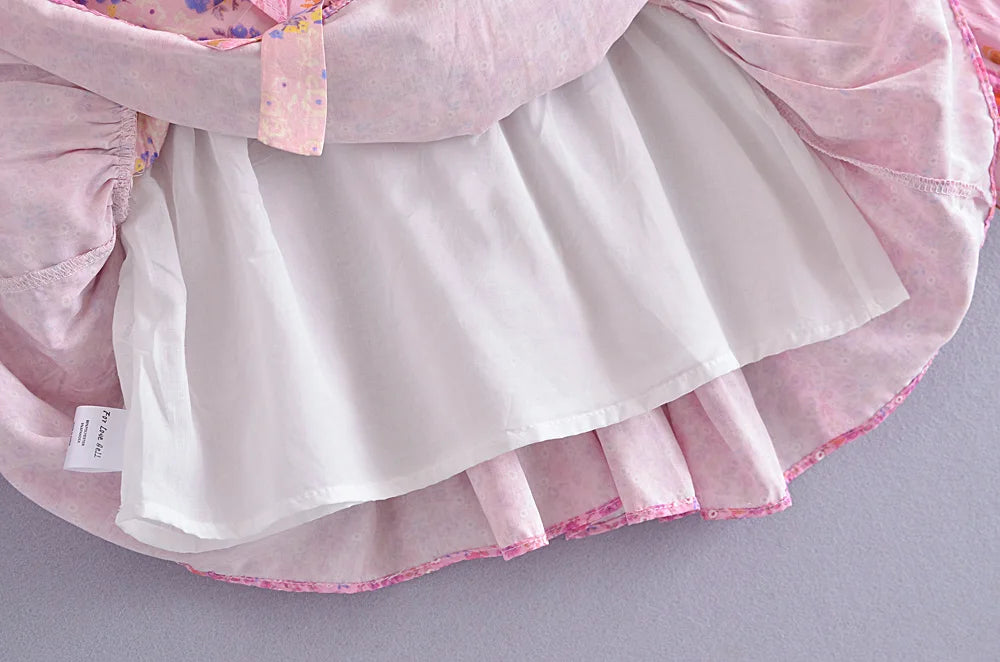 Ingvn  Holiday Contrast Color Floral Print Lantern Sleeve Mini Dress Bow Sashes Ruched Pleated Waist Ruffles Hem Women Dresses Robe