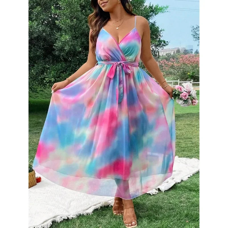 Ingvn  Plus Size 1XL-5XL New Fashion Women Clothing Floral Sexy Evening Dresses Elegant and Beautiful Halterneck Long Dresses Mesh Hem