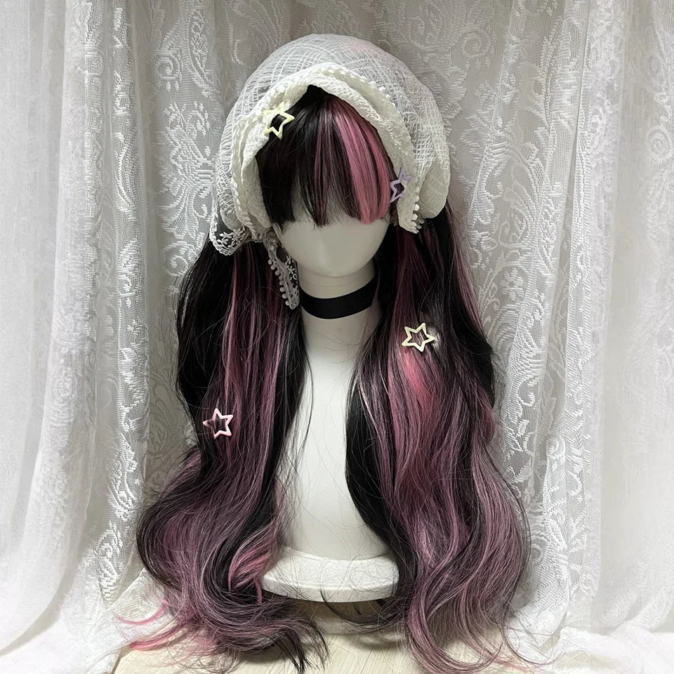 Ingvn  Long Black Highlight Pink Wig Synthetic Wavy Curly Lolita Wig Natural Cosplay Party Wig Daily Wear Halloween Costume Wig