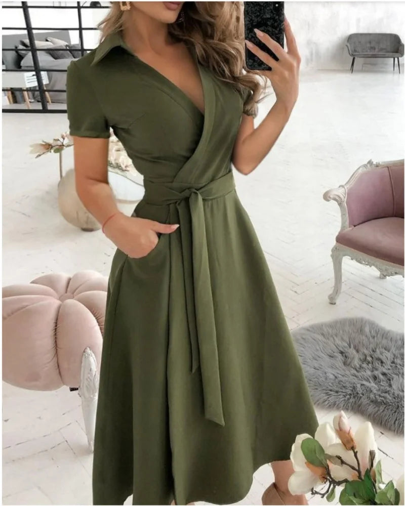 Ingvn  Office Lady Elegant Summer Short Sleeveless Dress Women Casual Turn-Down Collar Belt Dress Sexy V Neck Slim Solid Long PartyRobe