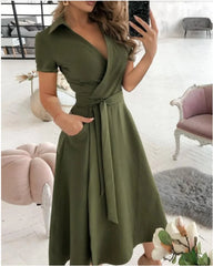 Ingvn  Office Lady Elegant Summer Short Sleeveless Dress Women Casual Turn-Down Collar Belt Dress Sexy V Neck Slim Solid Long PartyRobe
