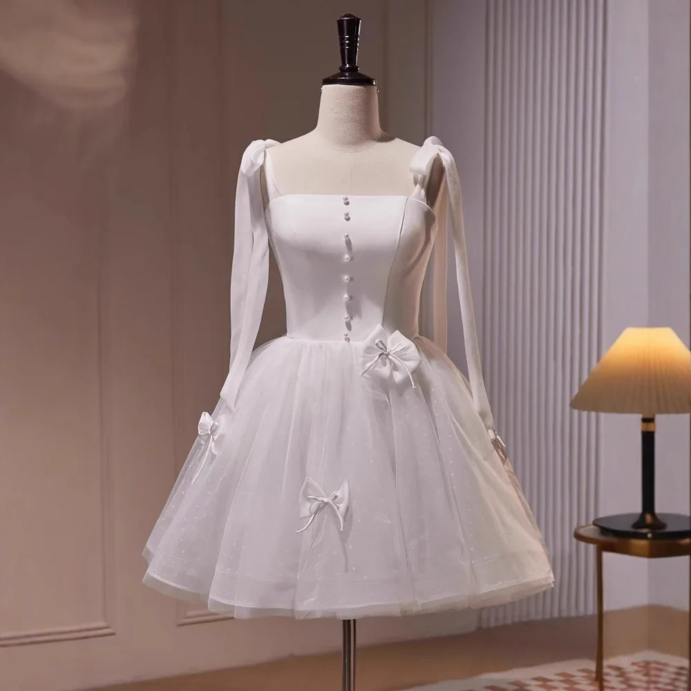 Ingvn  Temperament Socialite Birthday Party Dresses Sleeveless Lace-Up Straps 3D Bow High Waist Mesh Fluffy White Wedding Dress Women