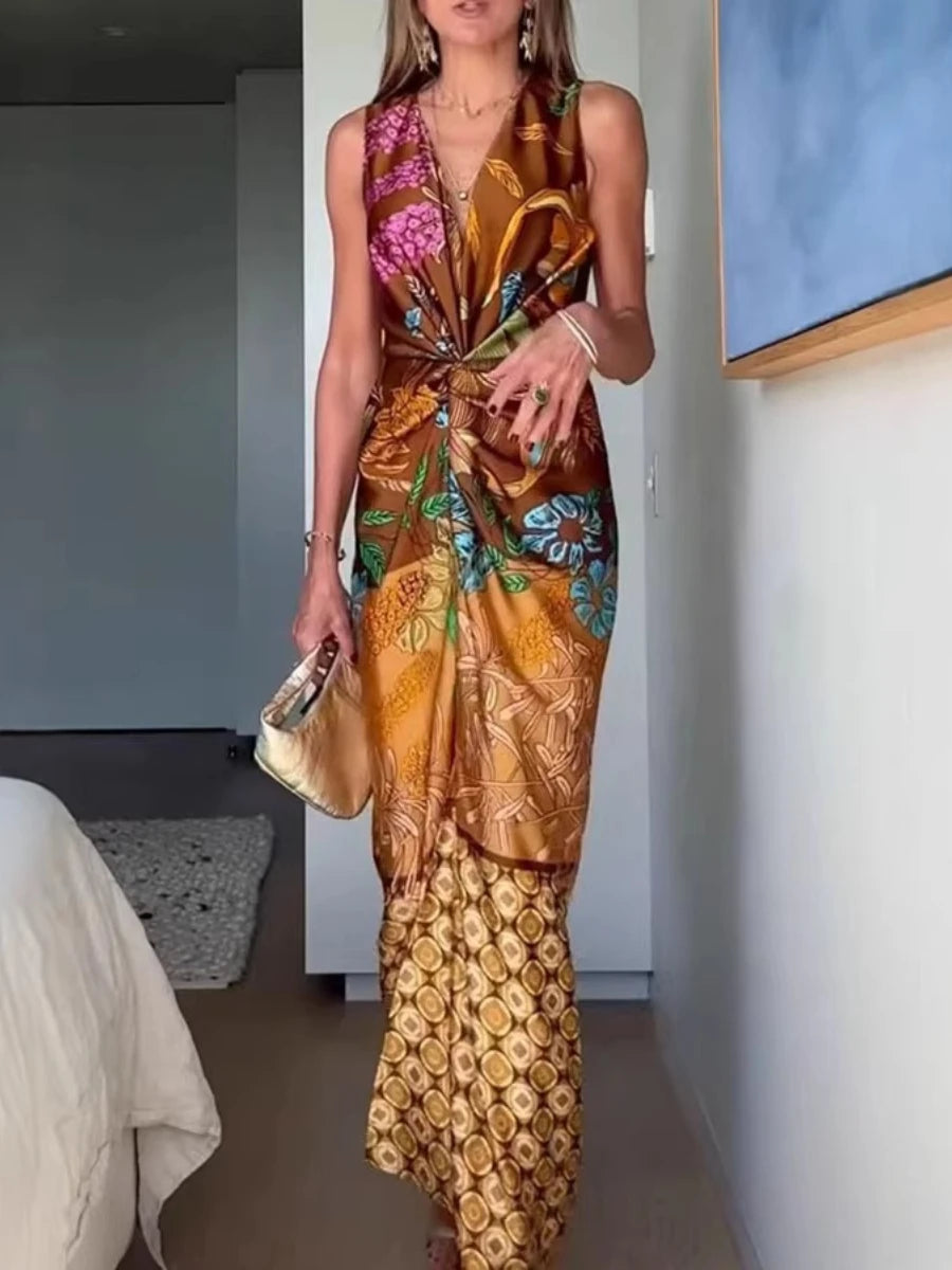Ingvn  Summer Casual Print Maxi Dresses for Women V Neck Sleeveless Sashes Design Draped Slimming Dress for Beach Vacation