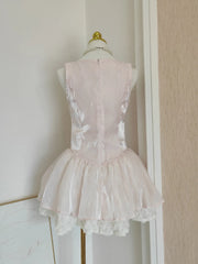 Ingvn  Summer French Elegant Sweet Princess Party Dresses Square Neck Sleeveless 3D Flower Bow High Waist Pink Short Dress Women