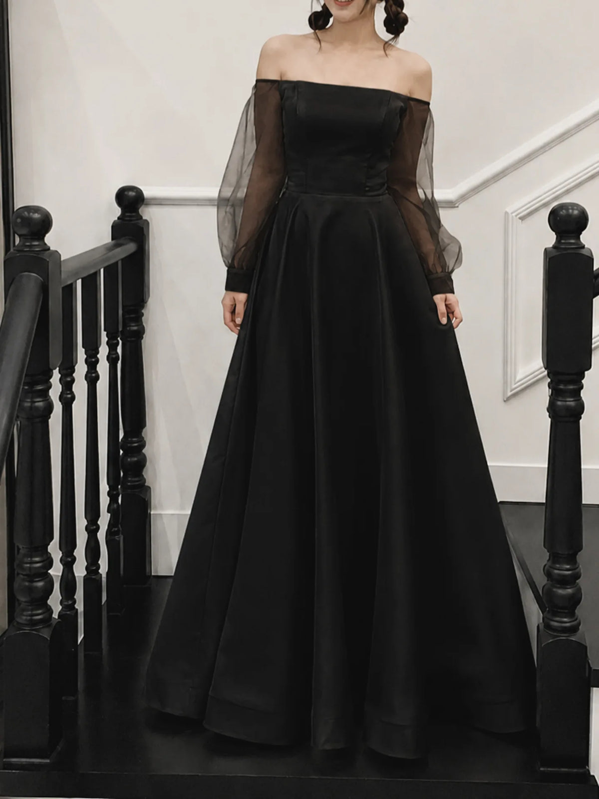 Ingvn - Korean Satin Bridal Gown Off‑Shoulder Sheer Long Sleeve A‑Line Floor Length Simple Wedding Dress For Women Bridal Party