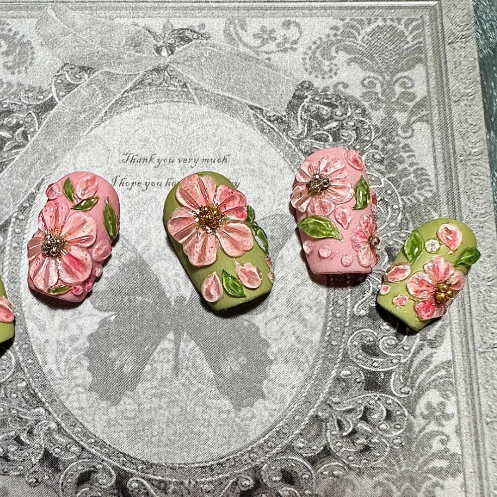 10Pcs Handmade Manicure Short Coffin Fake Nails Flower Limite Nails Press On Nails Design with Adhesive Nail File Set