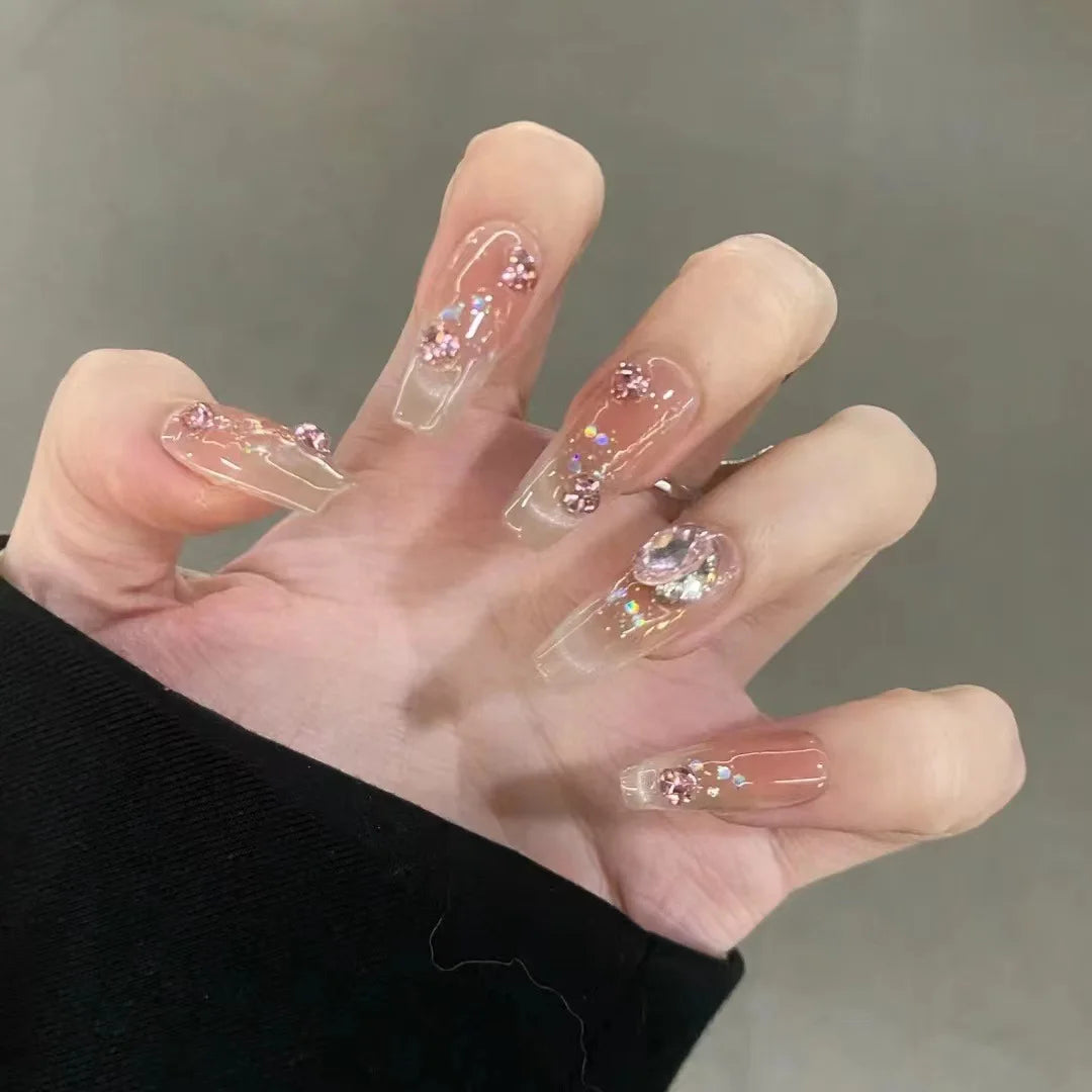 Ingvn  24Pcs Pink Ballet Fake Nails Full Cover Nail Tips Long Ballet False Nails with Rhinestone Chain Design Wearable Press on Nails
