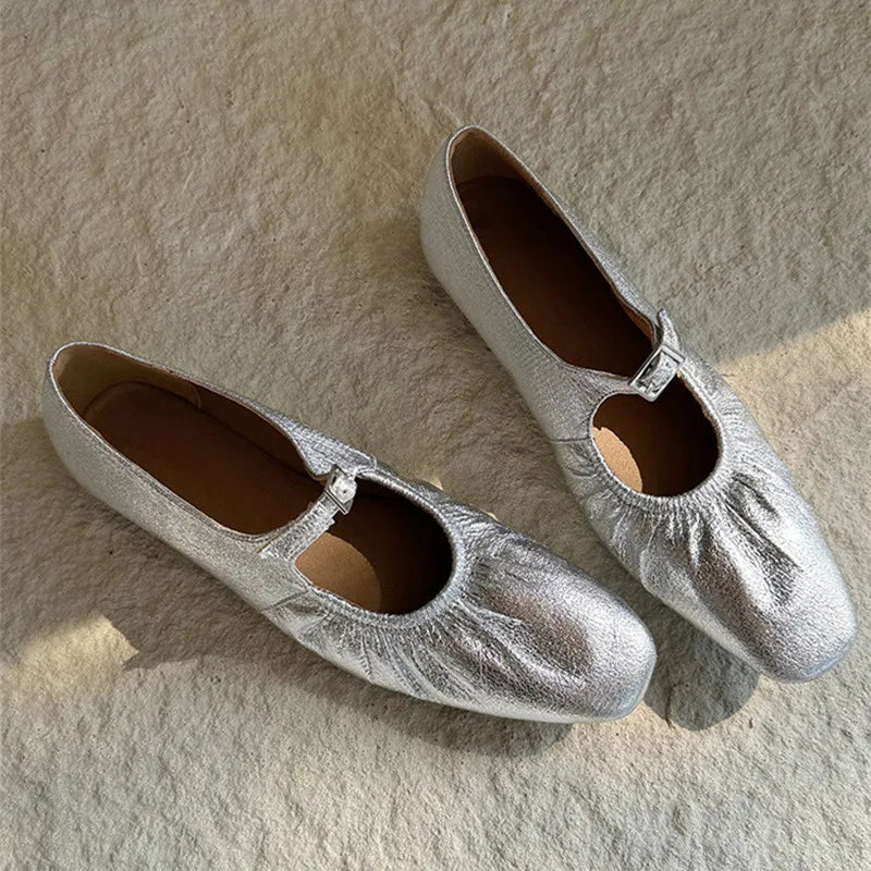 Ingvn  Street Style Fashion Pleated Mary Janes Women Ballet Flats Comfortable Soft Soles Leather Spring Summer Walking Loafers Shoes
