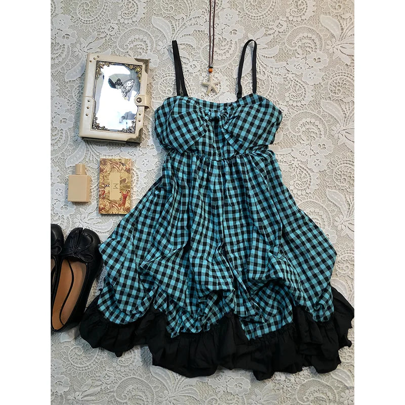 Ingvn  Summer New Vintage Sweet And Spicy Style Plaid Puff Sleeve Short Dress Women's Polyester Fiber Casual Everyday Dress