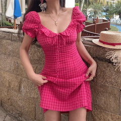 Ingvn  Vacation Floral Print Dress Women's Retro Style Spring Summer Short Sleeve Square Collar Puffy Sleeve Slimming A-Line Dress