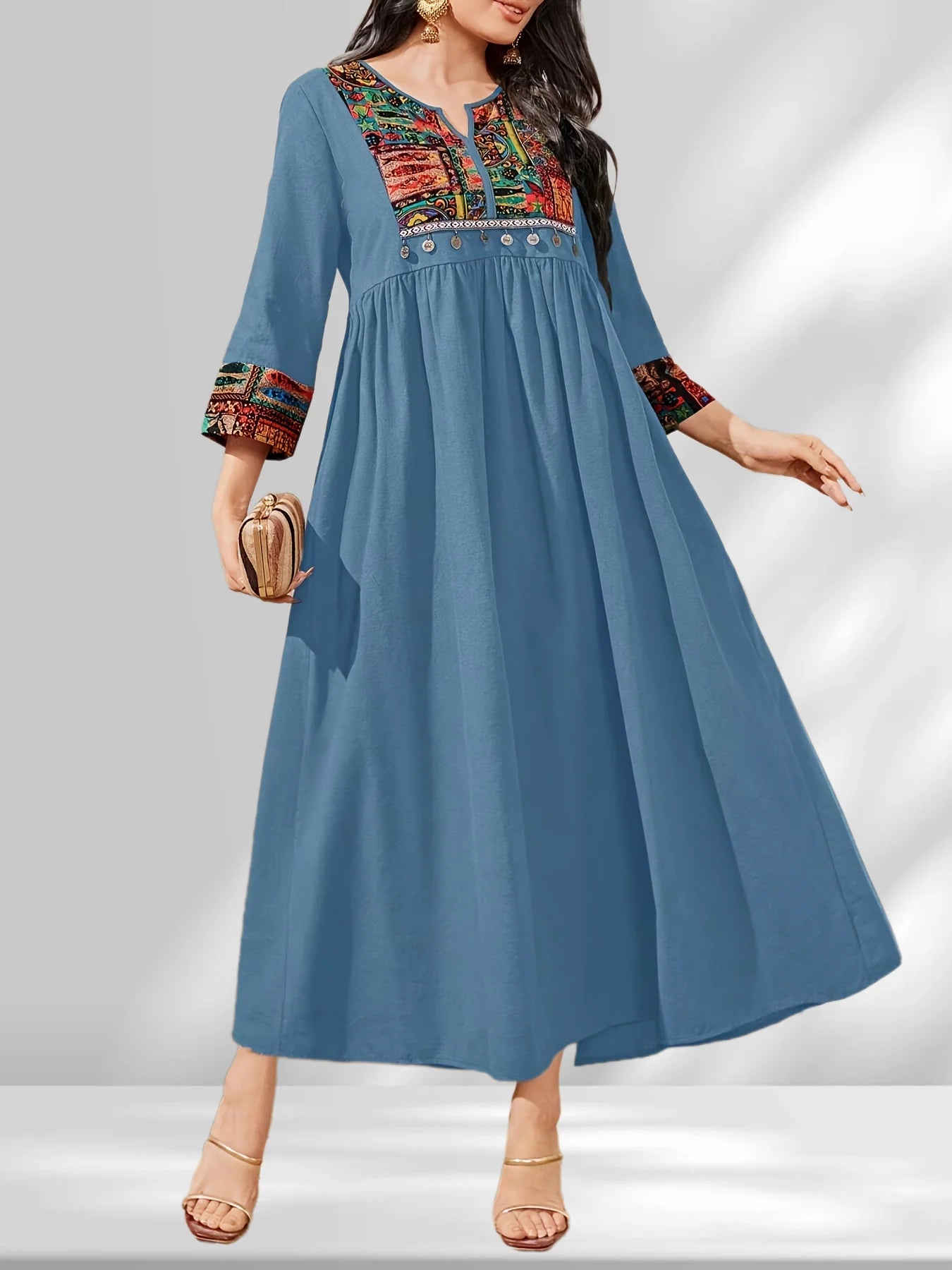 Ingvn  Fashion Women's V-neck Printed Long Maxi Dress Ladies V-neck Comfortable Long Sleeved Ankle Length Dress