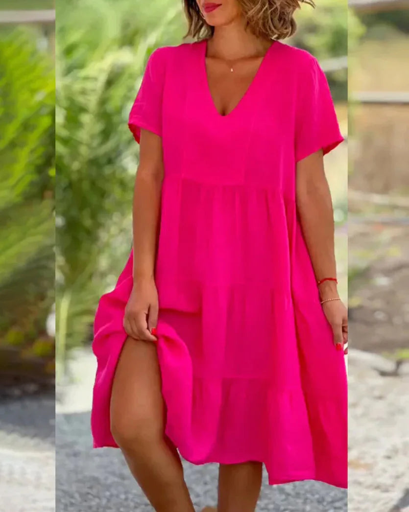 Ingvn  New European and American Summer Women's Clothing Fresh and Sweet V-neck Solid Color Large Sway Casual Skirt Dress