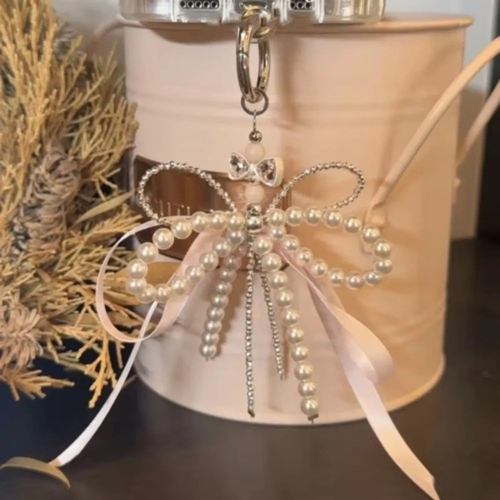 Ingvn  Fashion Pearl Bow Key Chain Silk Ribbon Pink Key Ring Aesthetic Holder