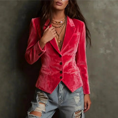 Ingvn  Vintage Velvet Short Jacket for Women's Long Sleeve Notched Collar Single Breasted Elegant Office Lady Slim Fit Outerwear
