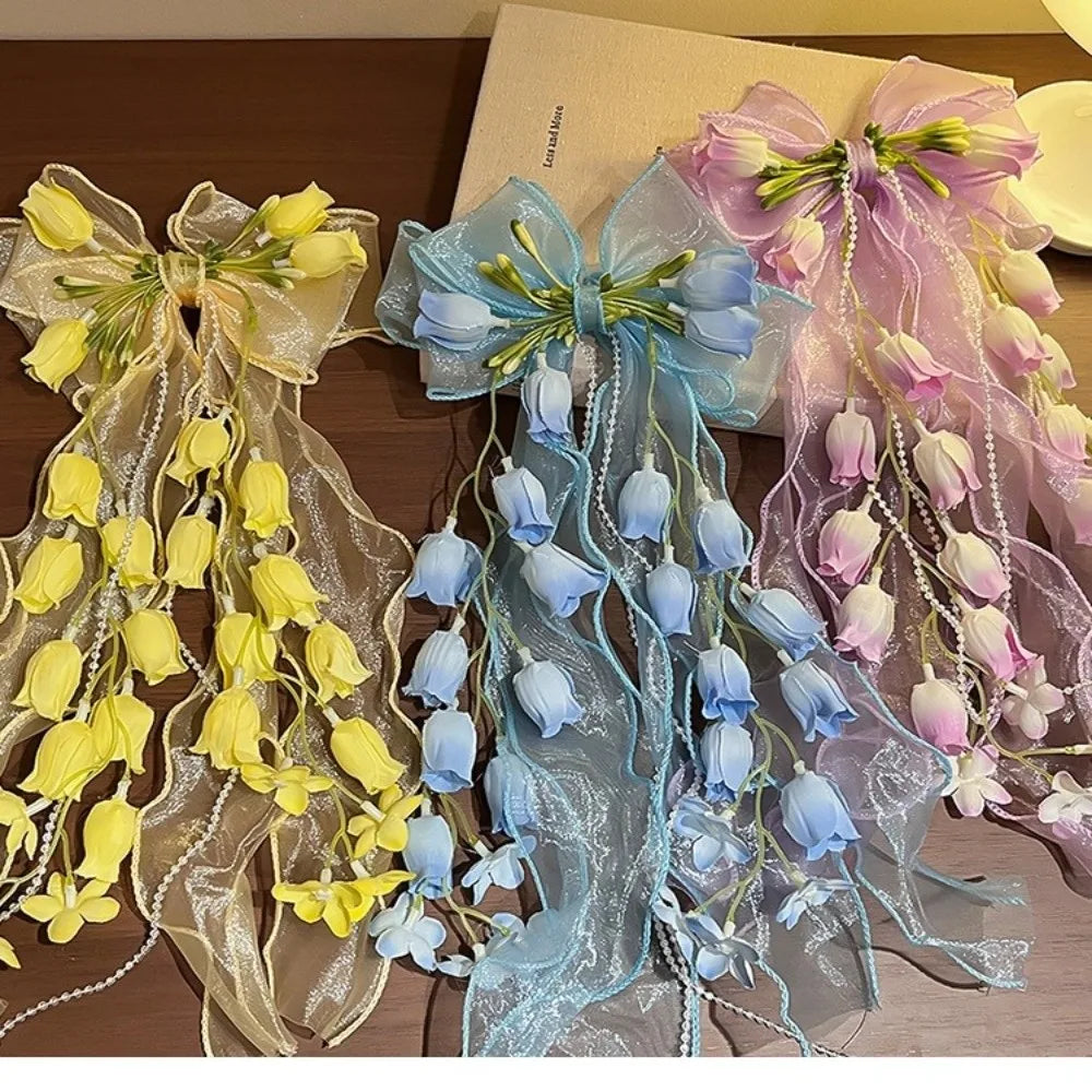 Ingvn  New Bell Orchid Ribbon Hair Clip Large Bow Soft Mesh Hair Barrettes Long Ribbon Tassel Design Bow Hair Clip For Girls