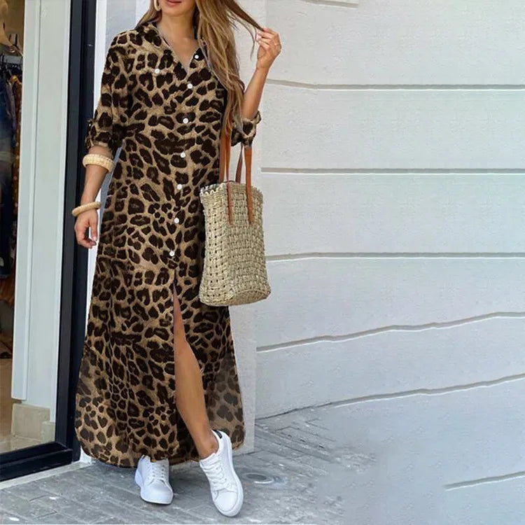 Ingvn  New European American Spring Summer Casual Leopard Print Fashion Slit Extra Long Women's Shirt Dress