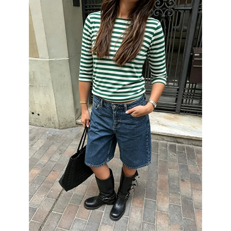 Ingvn  Women's Y2k American Retro Striped Contrast Color T-Shirts Boat Neck Three Quarter Sleeve Tee Tops Club Streetwear