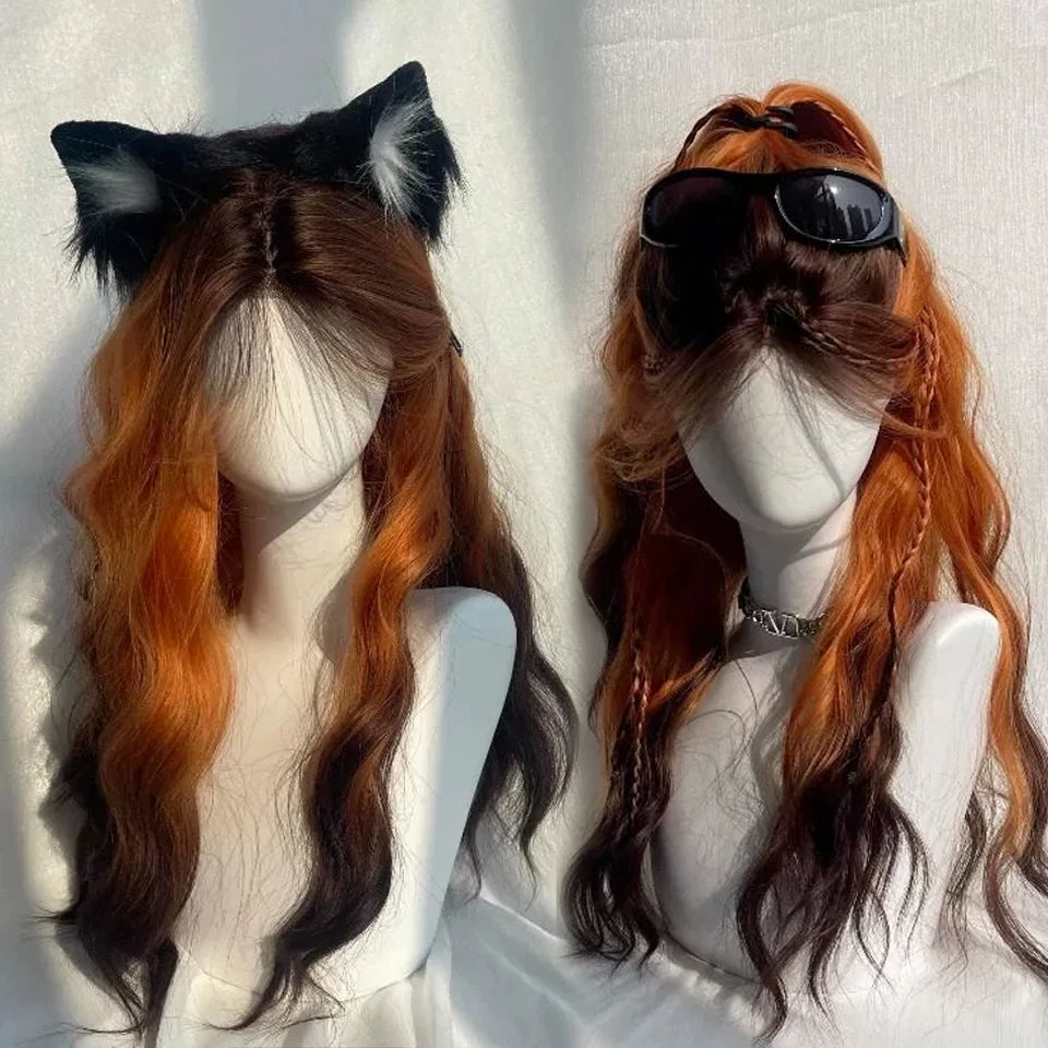 Ingvn  Long Wavy Pink Wig with Bangs Synthetic Cosplay Natural Lolita Purple Green Wig Halloween Costume Wig for Women Daily Wear