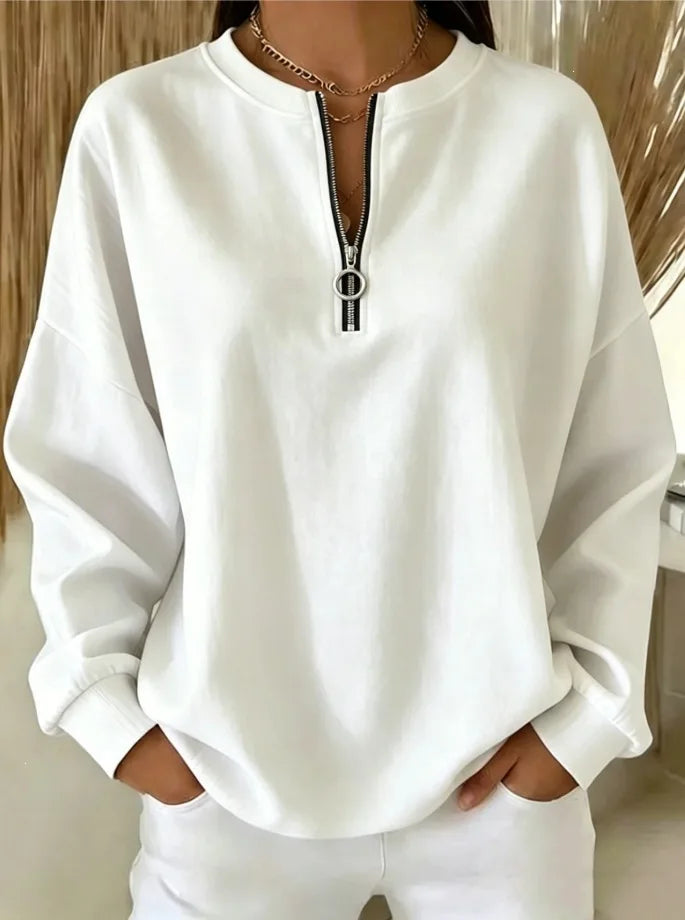 Ingvn - Women Round Neck Half Zip Sweatshirt Long Sleeve Loose Pullover Casual Fall Daily Top