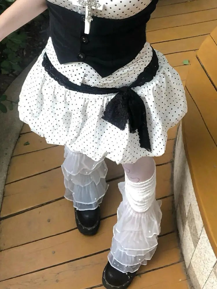 Ingvn  Subculture Kawaii Sweet Suit Hot Girls Polka Dot Top Black Belt Casual Bud Mini Skirt Sweet Cool Set Woman
