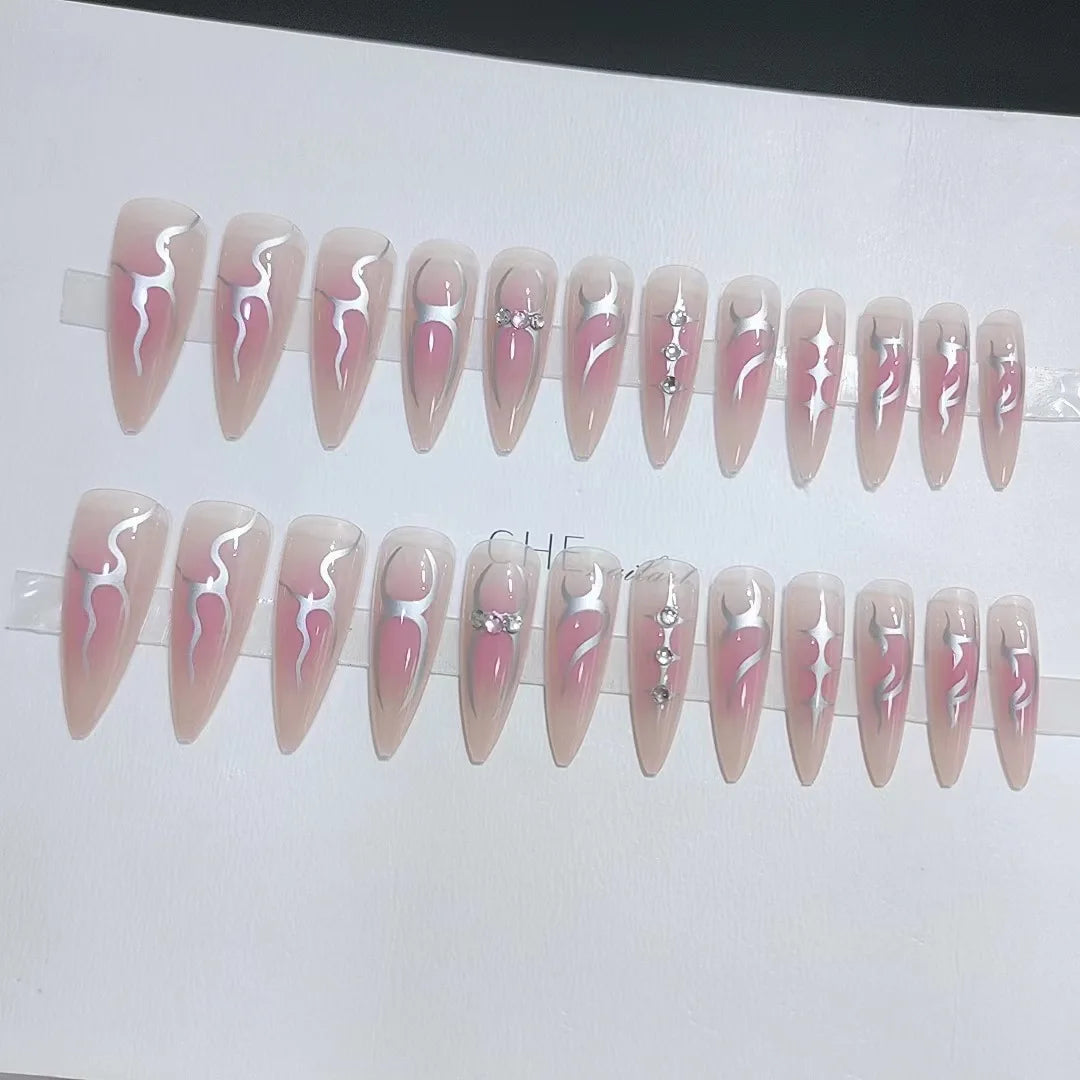 Super Cool y2k Nails Press On Long Stiletto Fake Nail Art Silver Flame Blush False Nails With Designs Full Manicure Nail Tips