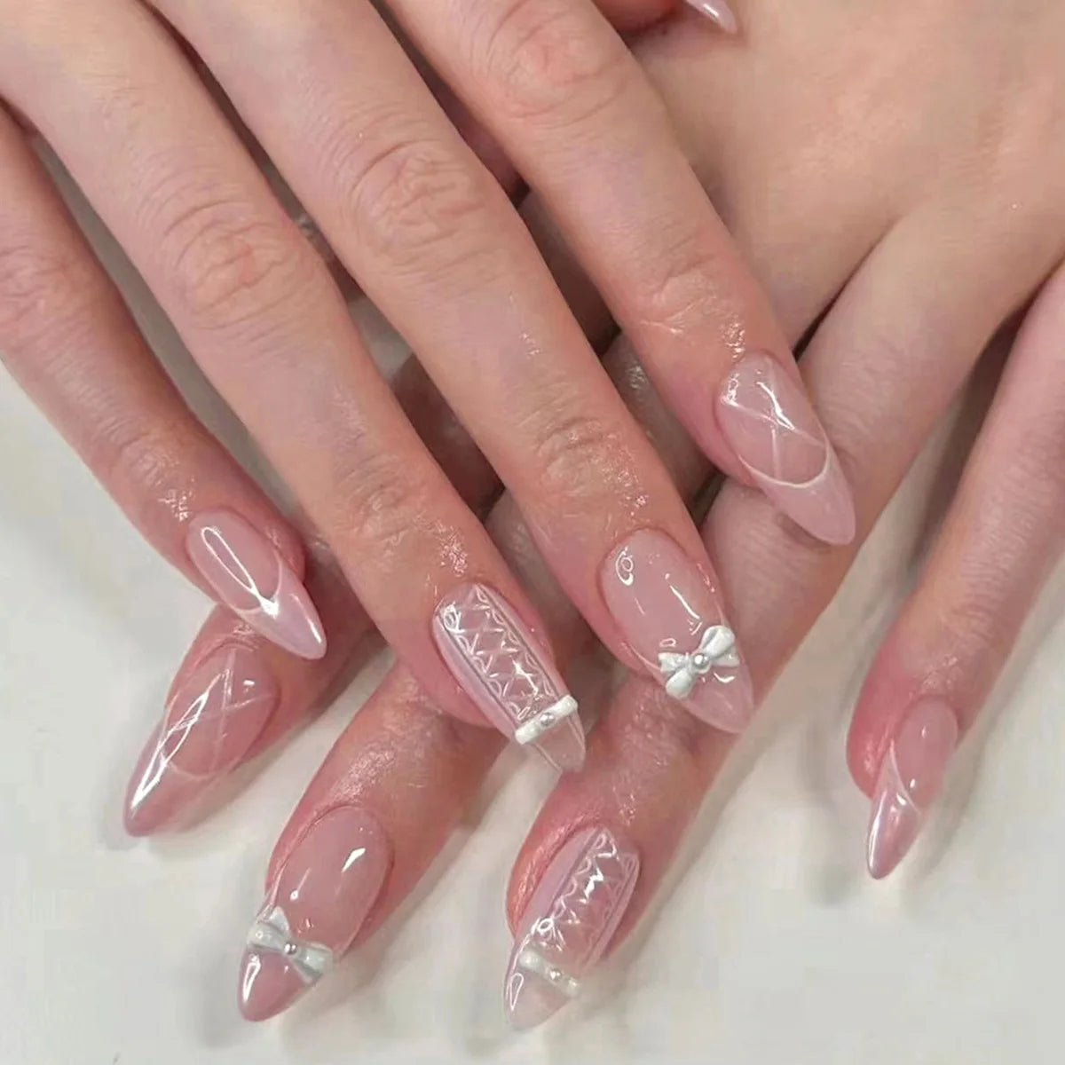 White French Press on Nails 3D Bowknot Designs Nude Color Fake Nails Wearable False Nails Tips for Women DIY Manicure 24Pcs