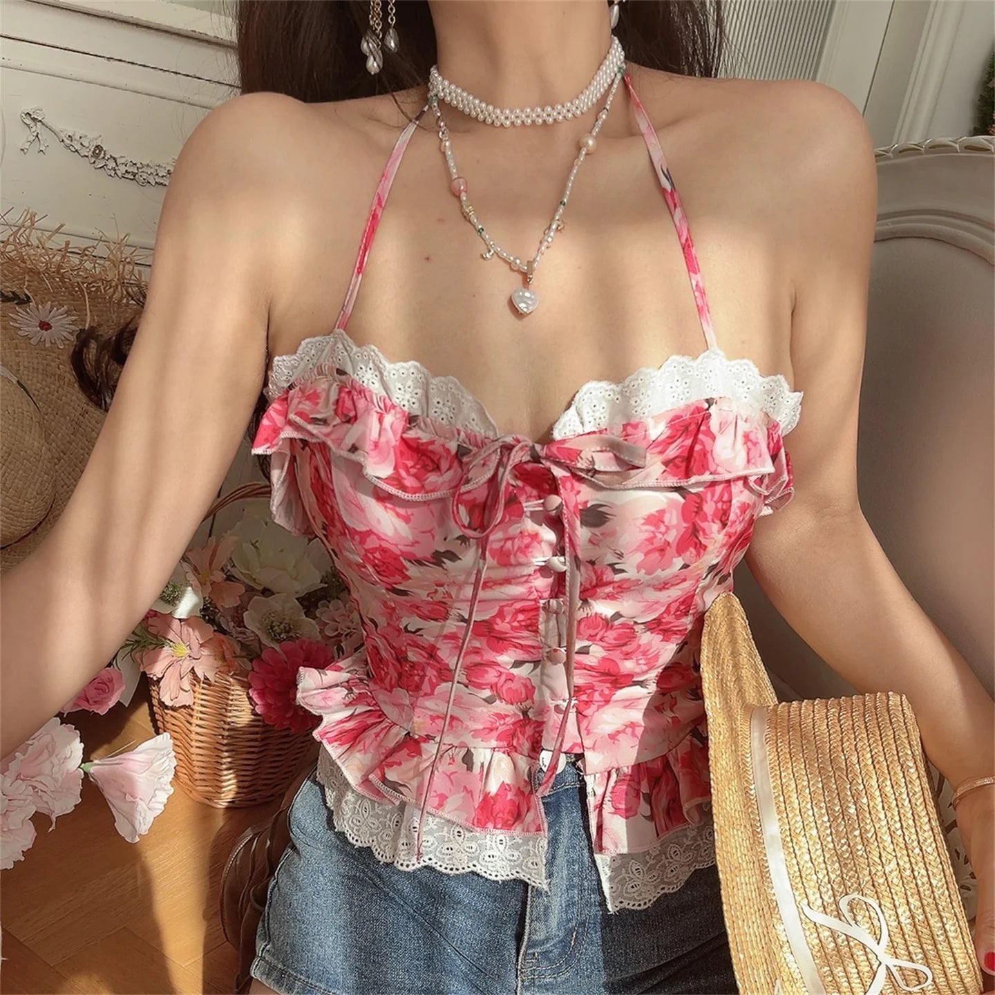 Ingvn  French Style Floral Lace Crop Top Women's Slim Fit Shirt Polyester Fiber Short Length Button Closure Neck Hanging Belted