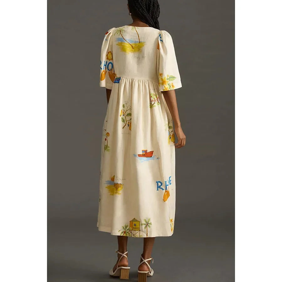 Ingvn  Spring/Summer Women's New Printed Button Split Bubble Sleeve V-Tie  Dress Loose Vacation Dress