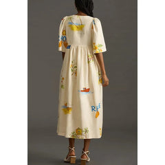 Ingvn  Spring/Summer Women's New Printed Button Split Bubble Sleeve V-Tie  Dress Loose Vacation Dress