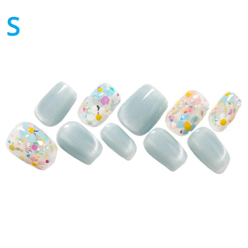 10PCS Short Square Press On Nails Cat Eyes Pink Fake Nails With Multi-Color Floral Designs Summer Collection For Women and Girls