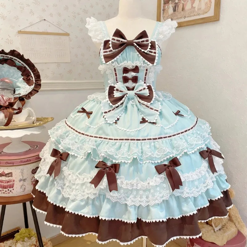 Ingvn  Japanese Harajuku Sweet Strap Lolita Dress Women Y2K Vintage Lace Bow Ruffle Cake dress Slim Bandage Summer Daily Stylish