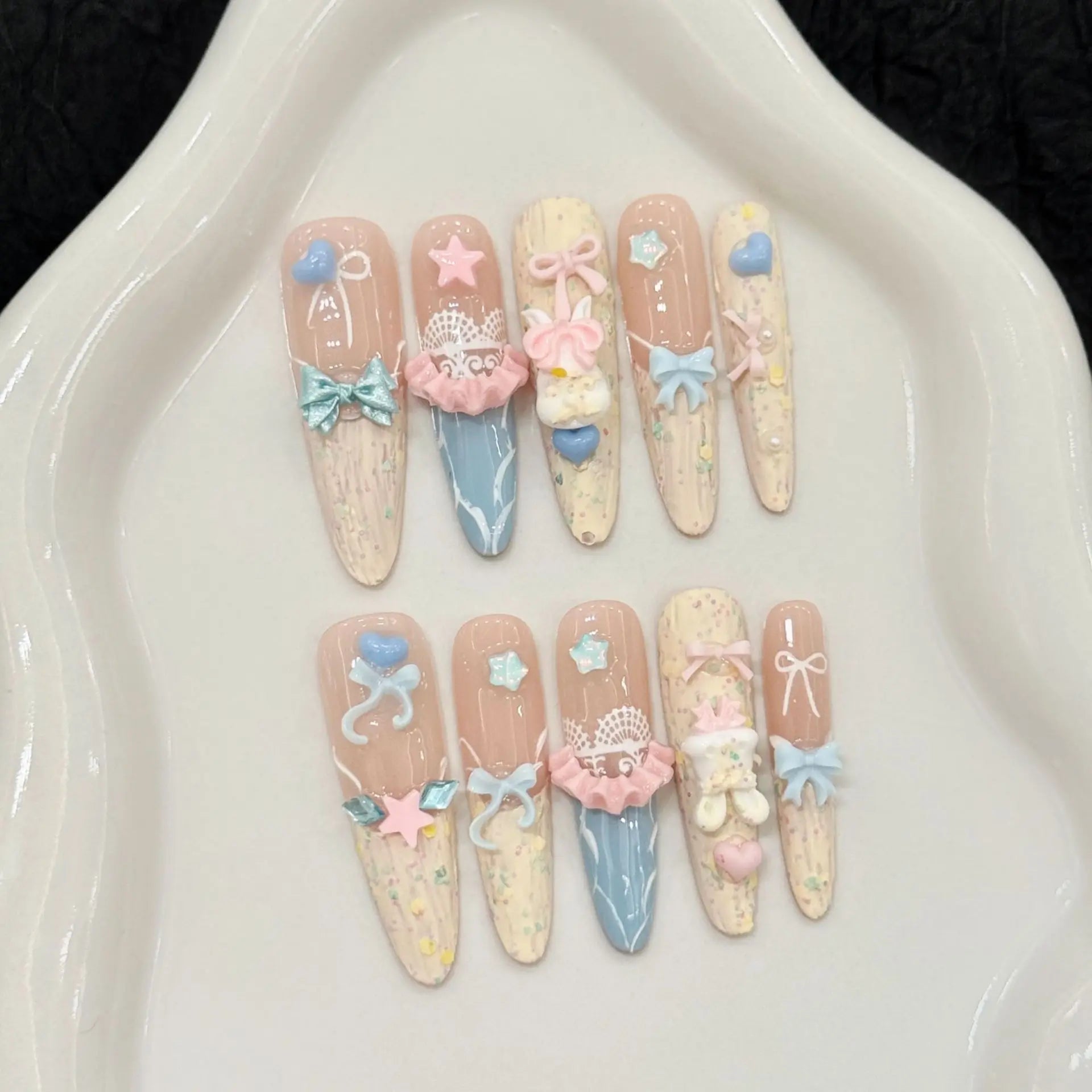 Ingvn  10Pcs Cat's Eye French Handmade Nail Tips Long Stiletto Fake Nail with Colorful Rhinestone Reusable Almond Press on False Nails